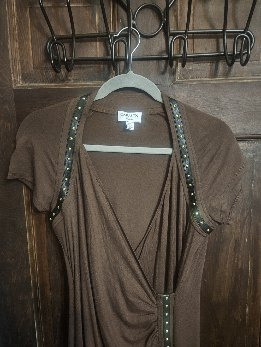 HIPPEST DRESS EVER! CLASSIC ROUSHING,LEATHER TRIM & GOLD STUDS.CARMEN M VALVO - Picture 2 of 8